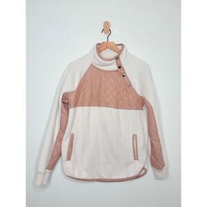 A&F Faux Leather Quilted Asymmetrical Snap Fleece Pullover Sweater Small Tan